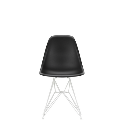 Vitra Eames Plastic Side Chair DSR Powder Coated for Outdoor Use. Deep Black Shell, White Powdercoated Base