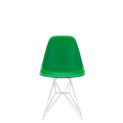 Vitra Eames Plastic Side Chair DSR Powder Coated for Outdoor Use. Green Shell, White Powdercoated Base