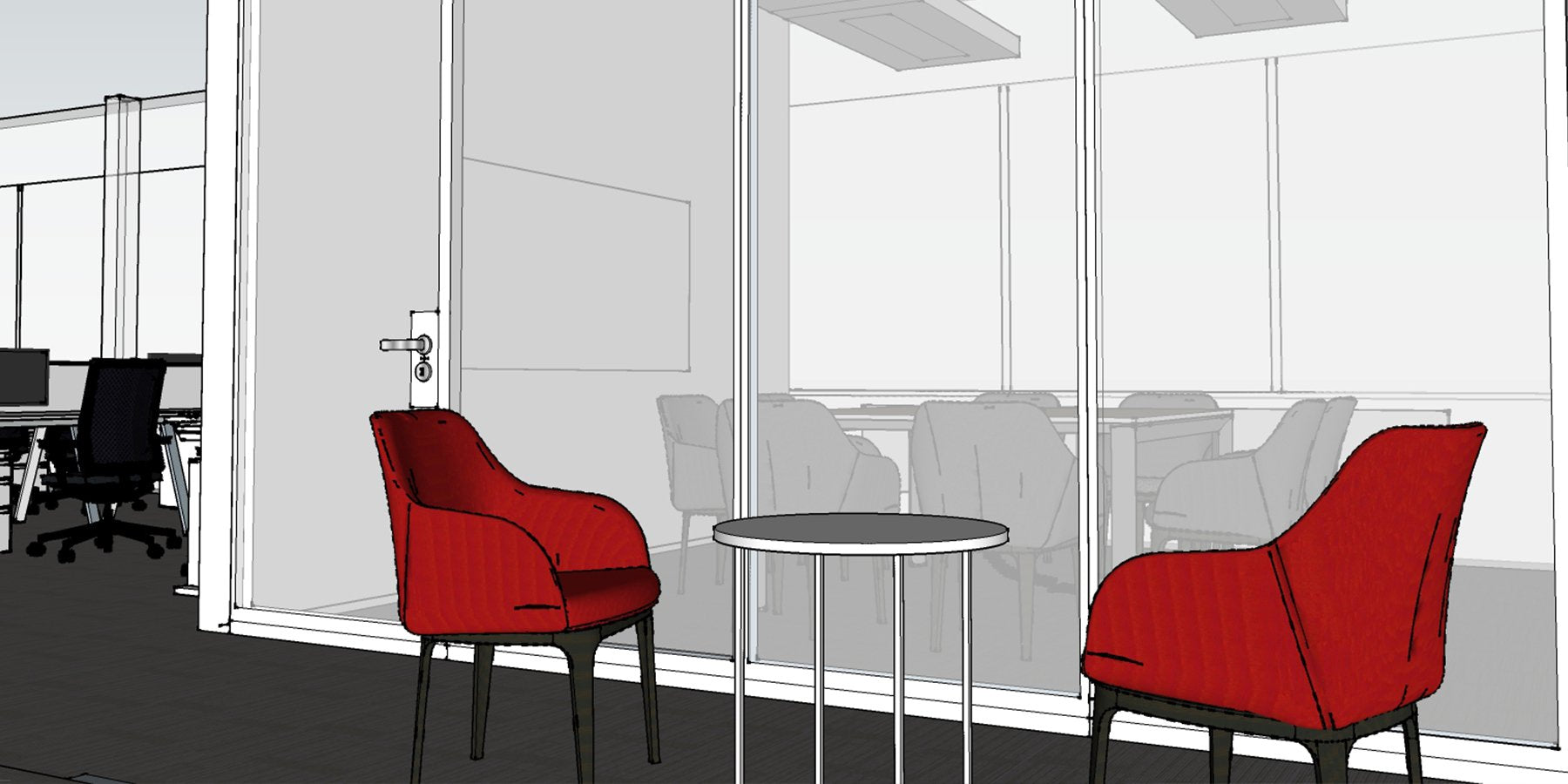 red office chairs, meeting, breakout room, workspace
