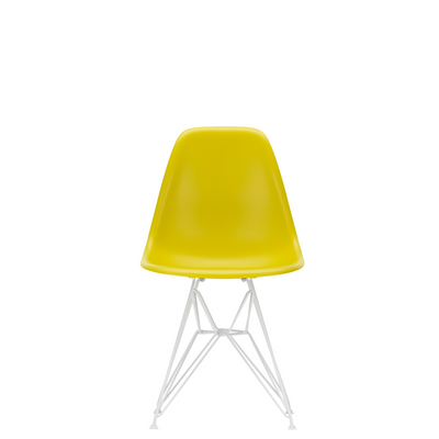 Vitra Eames Plastic Side Chair DSR Powder Coated for Outdoor Use. Mustard Shell, White Powdercoated Base
