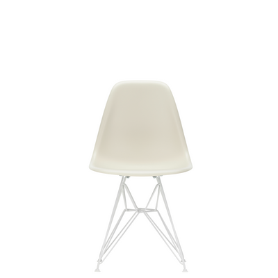 Vitra Eames Plastic Side Chair DSR Powder Coated for Outdoor Use. Pebble White Shell, White Powdercoated Base