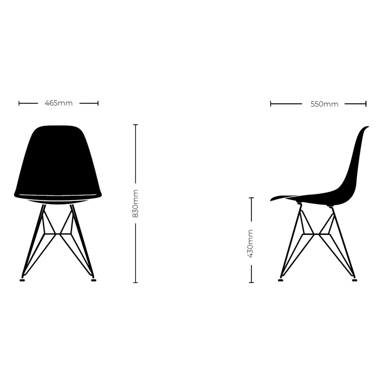 Dimensions for Vitra Eames Plastic Side Chair DSR